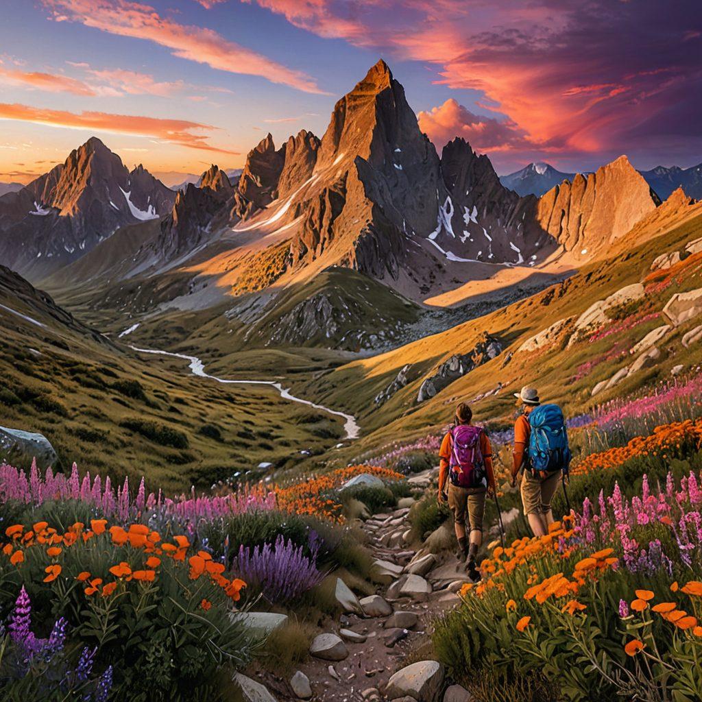 A breathtaking mountainous landscape showcasing jagged peaks under a vibrant sunset sky, featuring a rugged trail winding through wildflower fields. In the foreground, a diverse group of adventurers with backpacks and hiking gear, celebrating their journey, embodying the spirit of exploration and resilience. Use dynamic lighting to highlight the contrasts between rough edges of the terrain and soft hues of the sunset. super-realistic. vibrant colors. 3D.