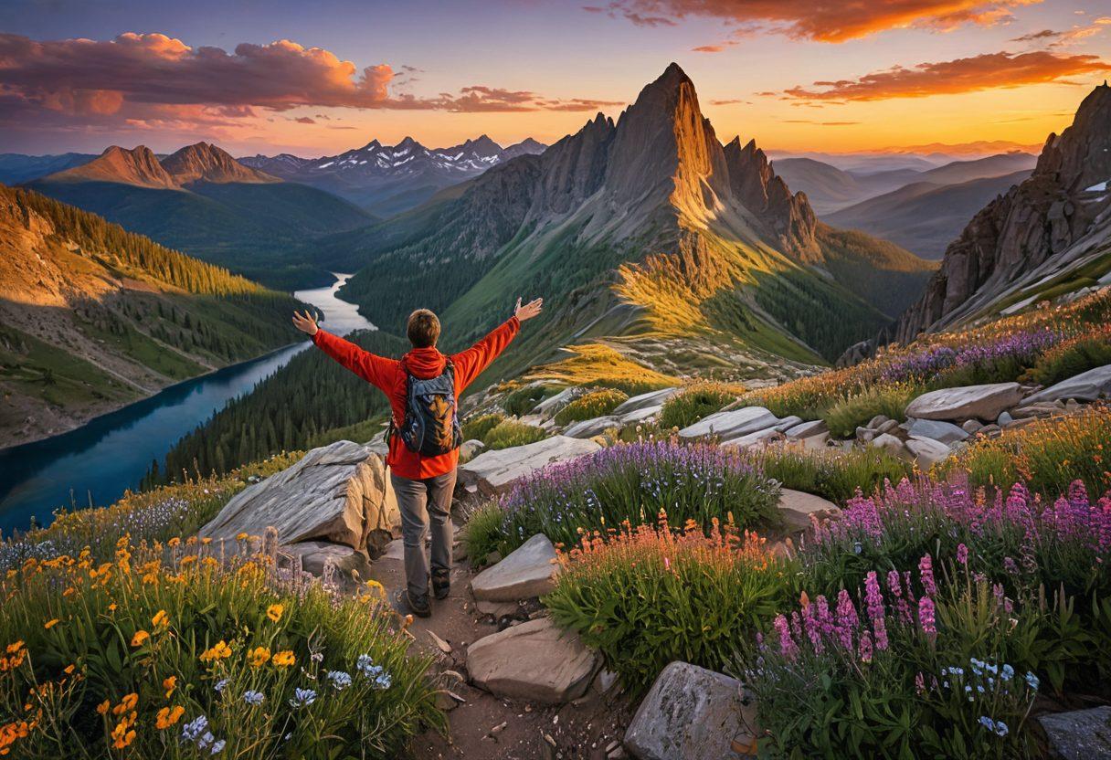 A person joyfully navigating a rugged mountain trail, arms outstretched to embrace the stunning view of jagged peaks and a vibrant sunset. In the foreground, colorful wildflowers bloom amidst rocky terrain, symbolizing beauty in hardships. A hint of a winding river can be seen below, reflecting the sky's hues. Capture this scene in a painterly style, focusing on warm, inviting colors.