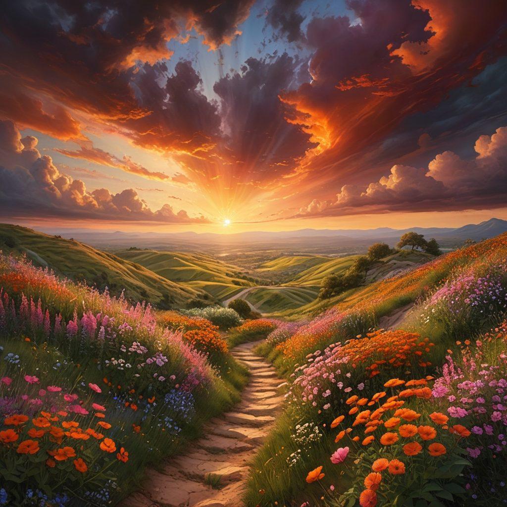 A serene landscape depicting a person standing on a hilltop, arms outstretched towards a radiant sunrise filled with vibrant colors, symbolizing joy and hope. In the foreground, blooming wildflowers and a winding path represent life's challenges. The contrast of dark storm clouds with the bright sunburst signifies overcoming adversity. The scene is infused with a sense of tranquility and resilience. super-realistic. vibrant colors. 3D.